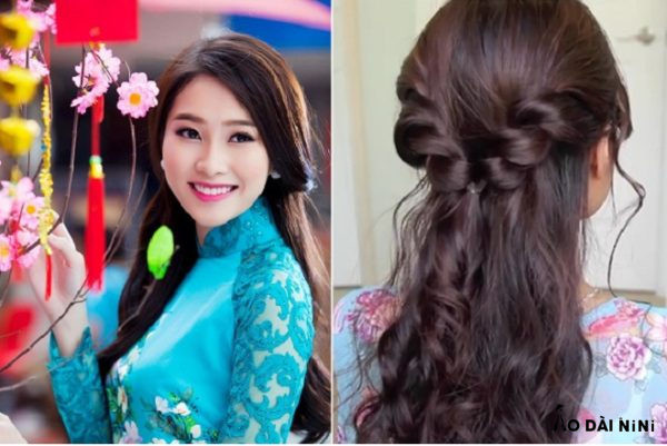 Kiểu tóc bưng mâm quả dài uốn sóng nhẹ nhàng kết hợp mấn đội đầu