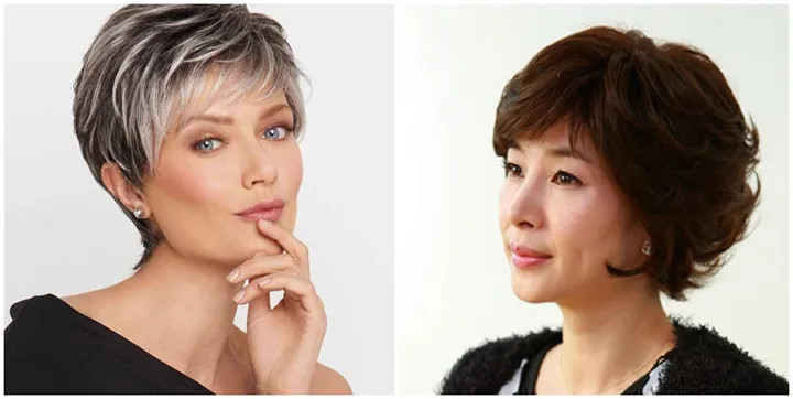 Mô tả ảnh: Phụ nữ tuổi 60 với mái tóc ngắn được tạo kiểu bồng bềnh tự nhiên